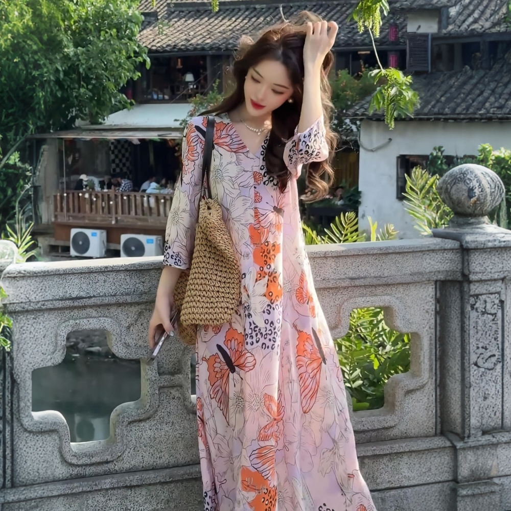 印花蝴蝶連衣裙