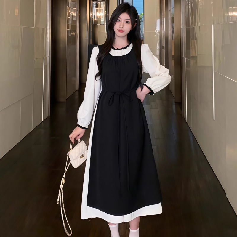 撞色顯瘦連衣裙